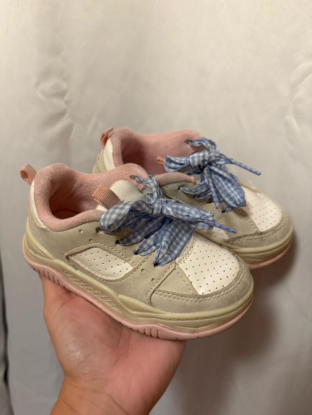 OshKosh B'gosh Cream and Pink Girls Sneakers with Blue Gingham Laces